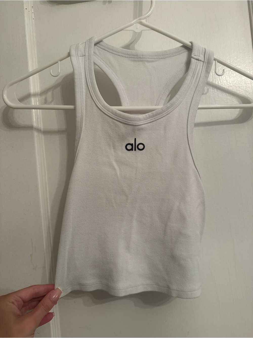 ALO Yoga White Ribbed Racerback Tank with Black Logo